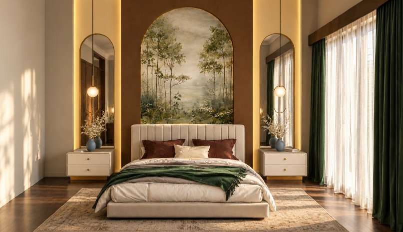 Bedroom render with an arched forest mural, upholstered bed and brass pendant lights