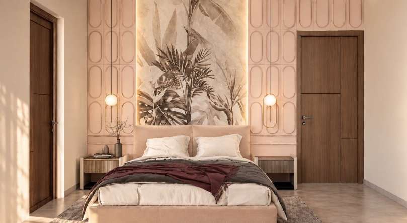 Bedroom render with a botanical mural, blush panelling and timber doors