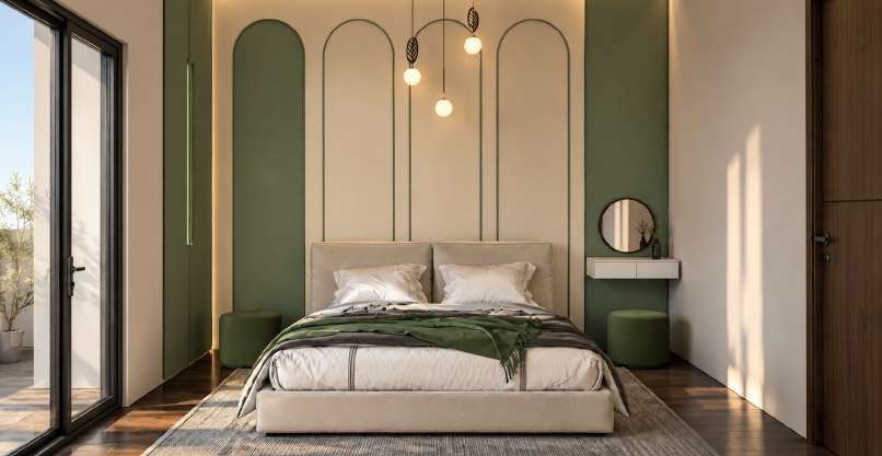 Bedroom render with sage-green arched panels, cluster pendant and full-height glazing