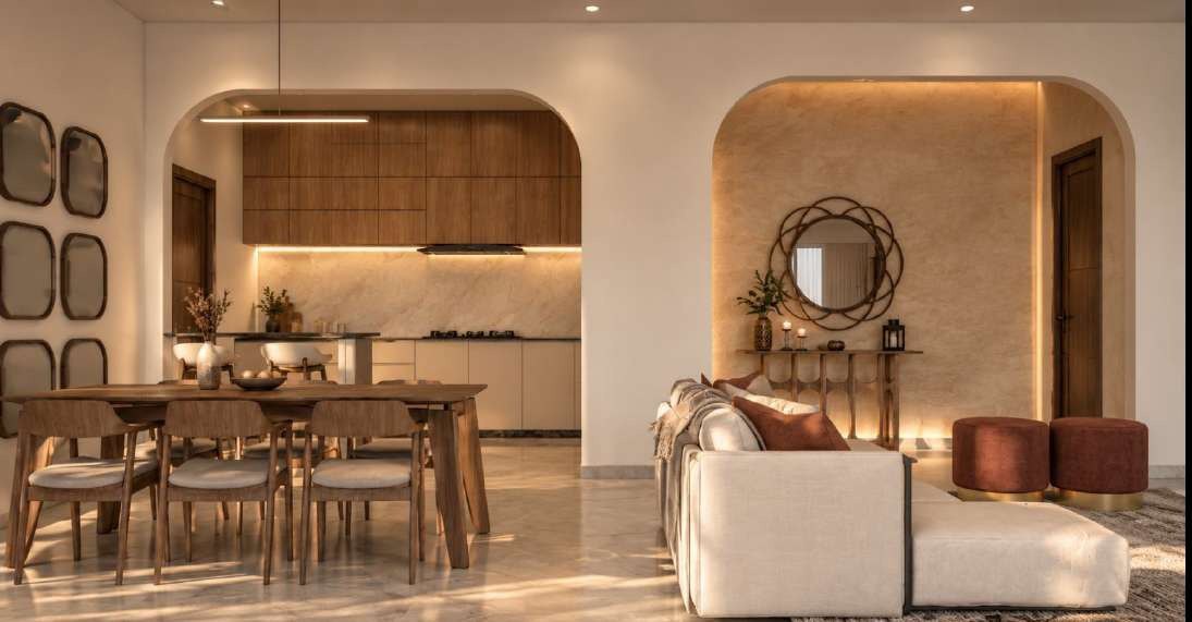 Render of the open living and dining area with timber dining set and arched kitchen opening