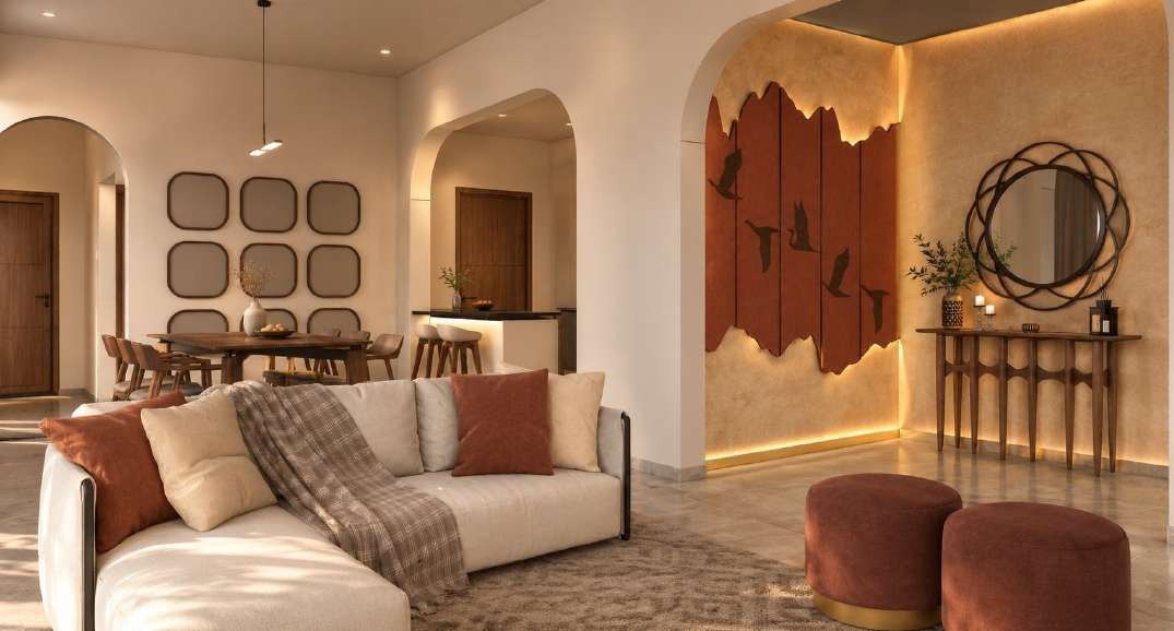 Render of the Noida living room with curved sofa, terracotta poufs and lit feature wall