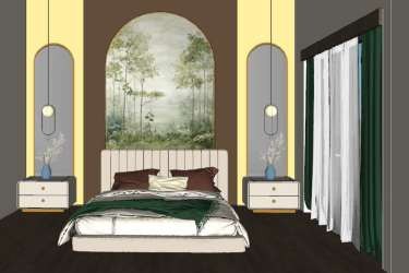 SketchUp model of a bedroom with an arched forest mural and pendant lights