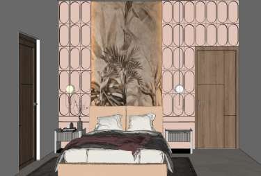 SketchUp model of a bedroom with a botanical mural and blush wall panels