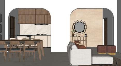 SketchUp model of the dining area with timber table and kitchen behind an arch
