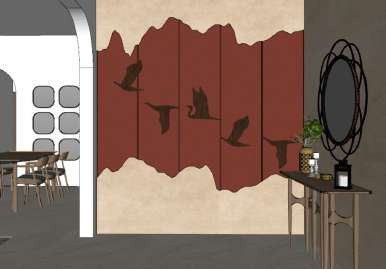 SketchUp view of the terracotta feature wall with flying-bird cut-outs and a round mirror