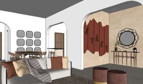 SketchUp model view of the living area with a curved sofa, poufs and arched niche