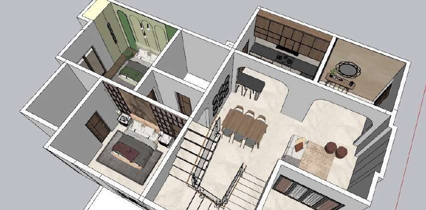 Cut-away SketchUp model of the Noida apartment showing furniture layout, staircase and rooms