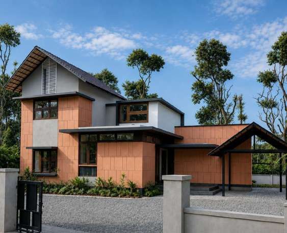 GPT Residence on a clear day, showing terracotta-toned walls, a gabled roof and the carport