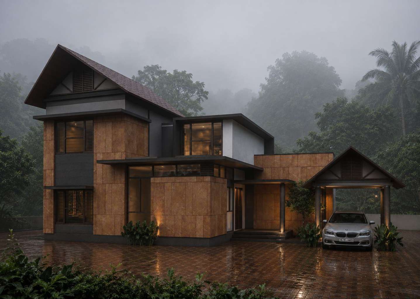Misty exterior of GPT Residence in Idukki with timber cladding, sloping roofs and a carport
