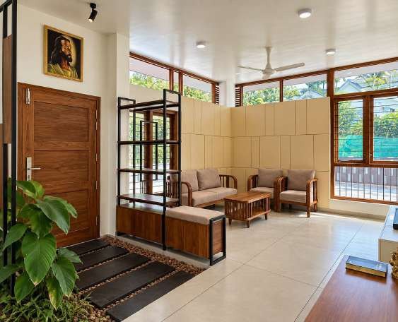Living room and entrance with timber panelling and large windows
