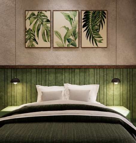 Bedroom render with green panelled headboard wall and botanical prints