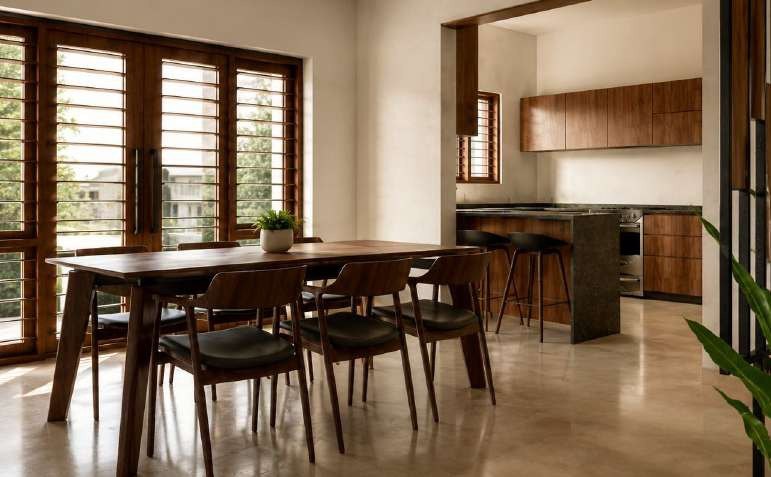 Dining render with a long timber table and wide timber-framed windows
