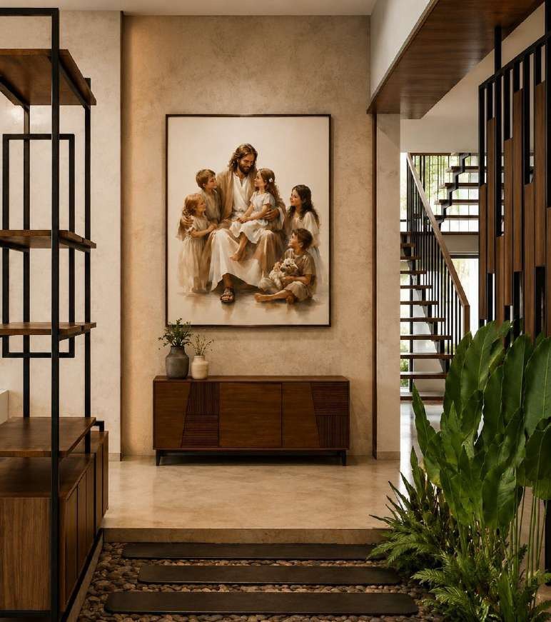 Entrance render with a relief artwork, console and planting