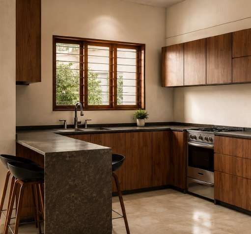 Kitchen render with timber cabinets, dark counter and breakfast seating
