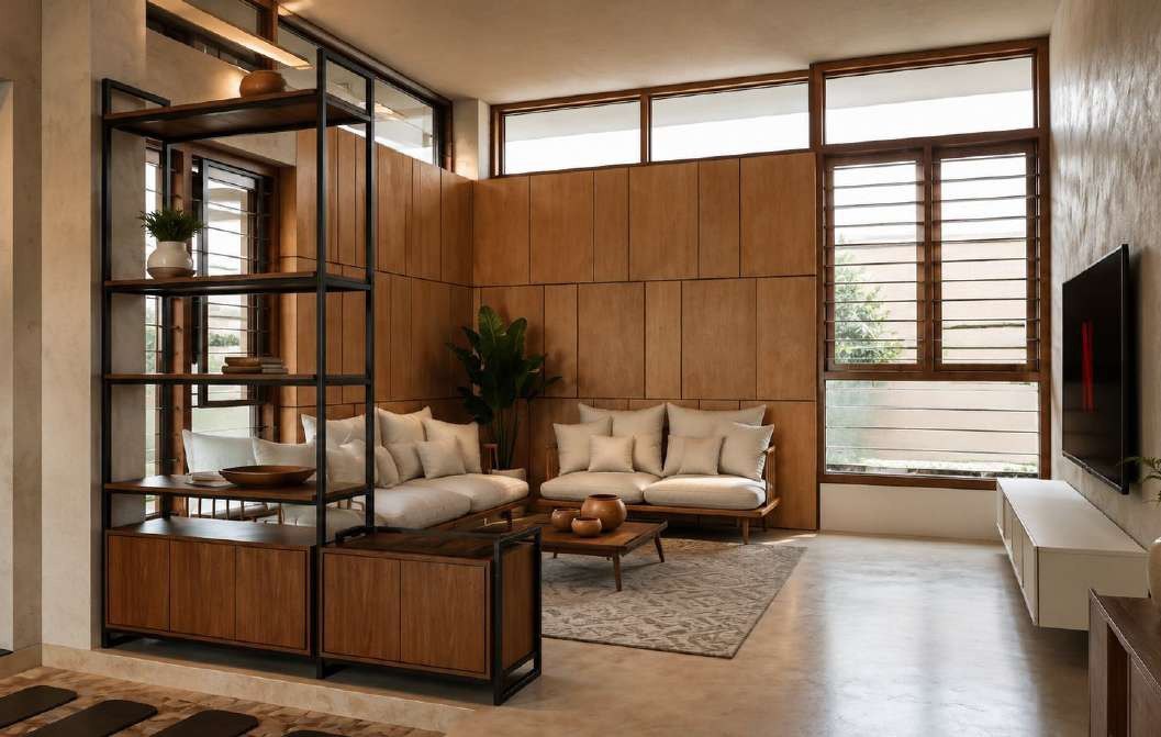 Living room render with teak wall panelling and a steel display shelf