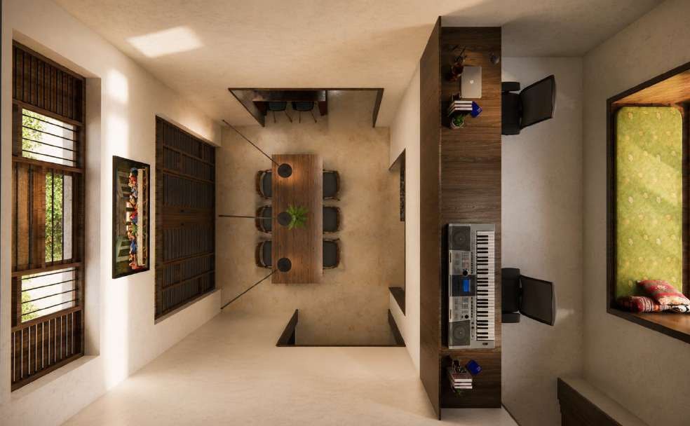 Top-down render of the double-height core linking kitchen, dining and study