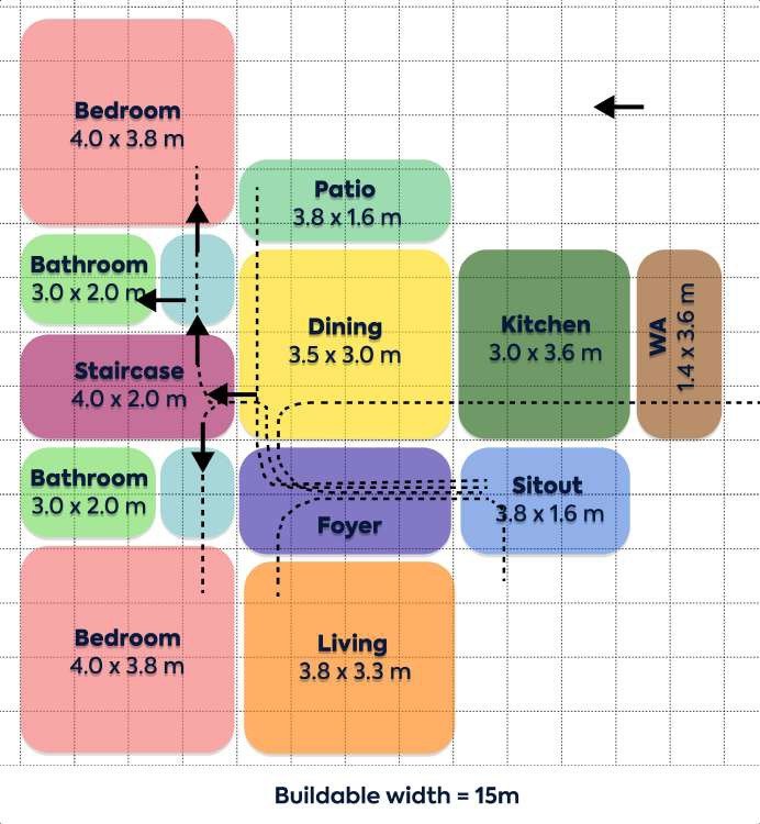 Colour-coded zoning diagram of GPT Residence grouping bedrooms, living, dining, kitchen and services