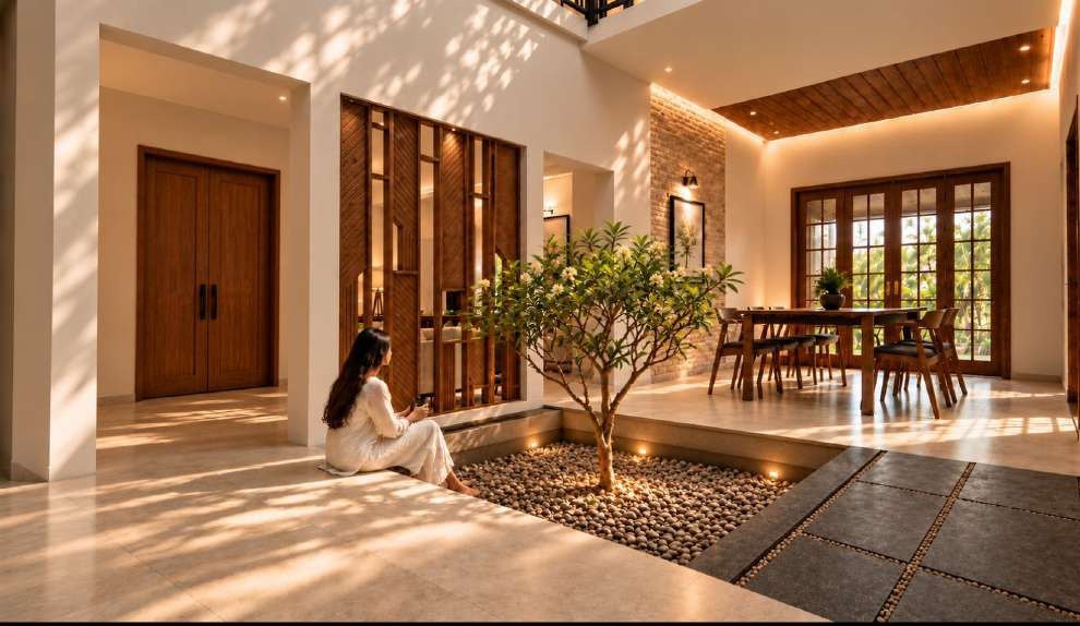 Sunlit internal courtyard with a small tree, pebble bed and stone flooring