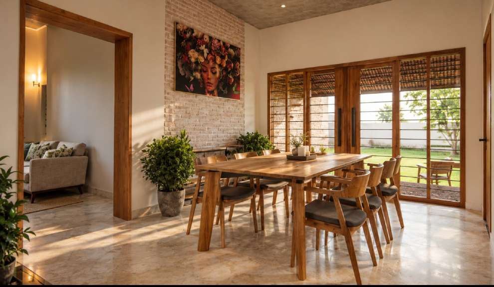 Dining space with timber-and-glass doors opening to the garden