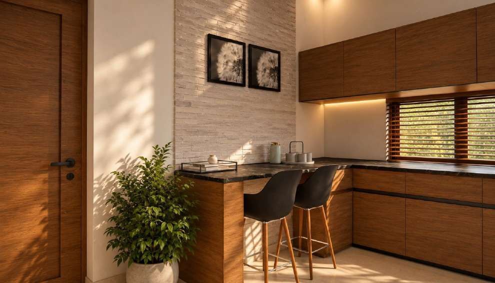 Compact kitchen with wooden cabinets, dark stone counter and breakfast bar