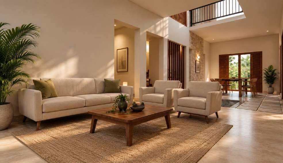Living room with neutral sofas, a timber coffee table and large openings