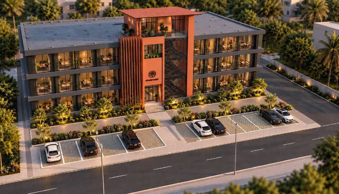 Aerial render of Mambaram Avenue with parking and landscaped frontage
