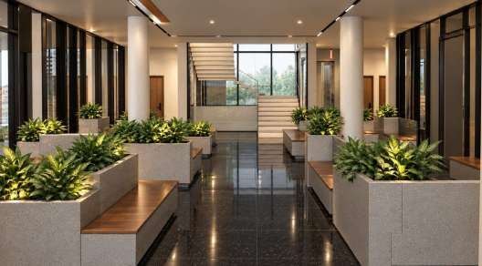Triple-height atrium render with landscaped planters and timber seating
