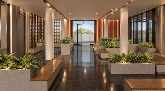Atrium render with seating, planters and glazed entrance