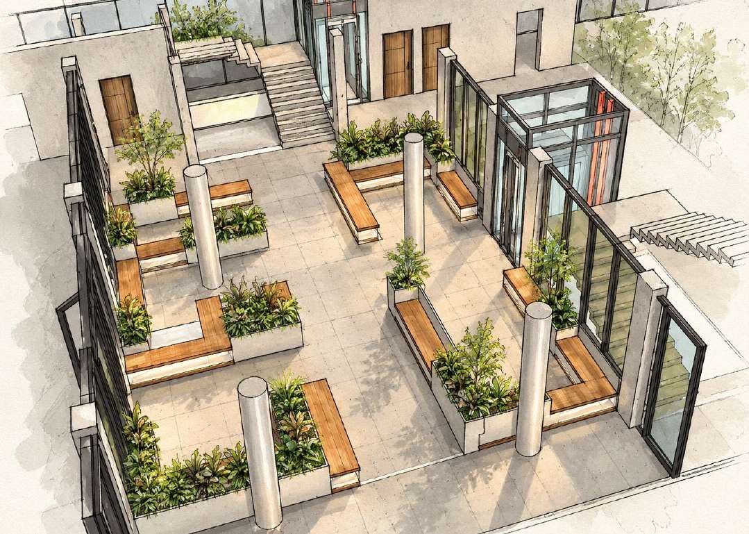 Aerial cut-away render of the atrium showing circulation and landscaped seating