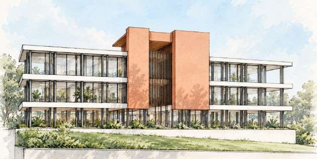 Concept sketch of the remodelled Mambaram facade with a terracotta central block