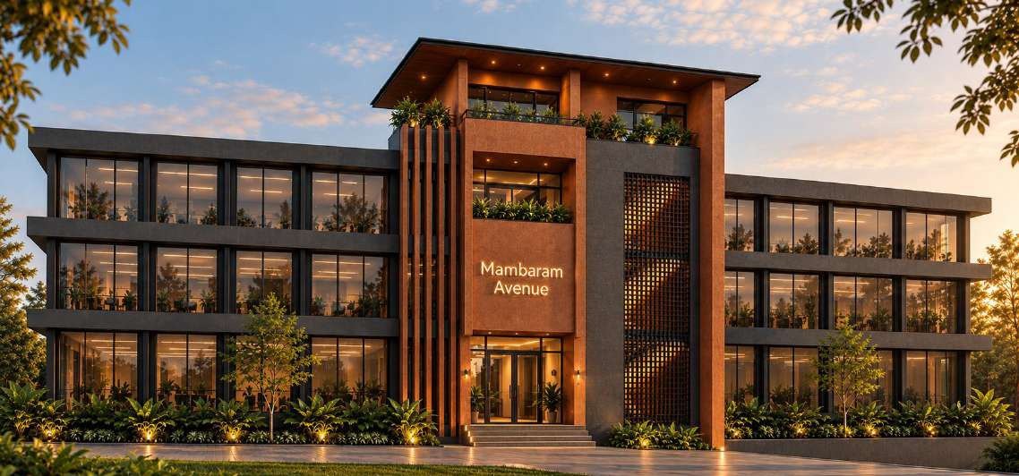 Wide facade render of Mambaram Avenue showing the long front elevation and central tower