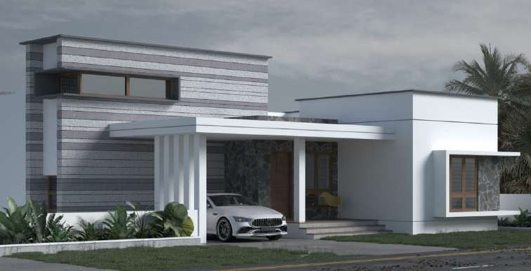 Front render of the upper residence with layered grey stone and a white canopy