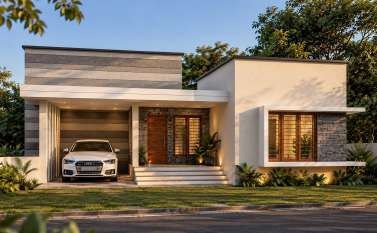 Lower residence render with a car under the white carport canopy