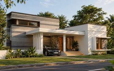 Lower residence render with stone band, white volume and carport