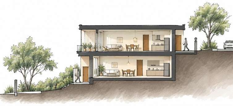 Sectional render showing the two homes stepping down the sloping site