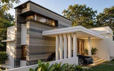 Upper residence render with stone-clad tower and slender white columns