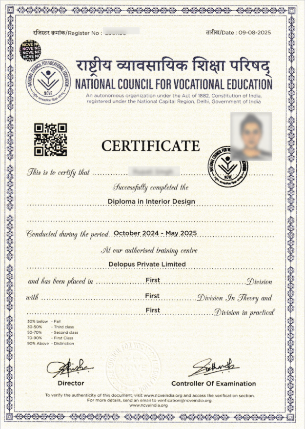 National Council for Vocational Education — Accredited Interior Design Diploma Certificate NCVE Diploma Certificate